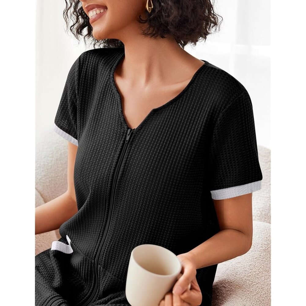 NWT Ekouaer Black Waffle Zip Up Bathrobe Swim Coverup‎ Size Large